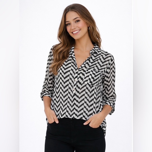 Xtaren Black White Geometric Chevron Print Long Sleeve Blouse Size S - Picture 7 of 7